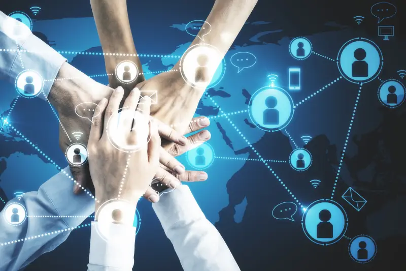 Connected team across a world map